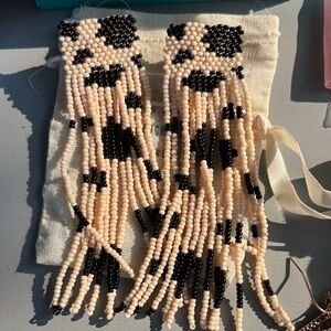 Beaded Fringe Earrings in Black and Cream